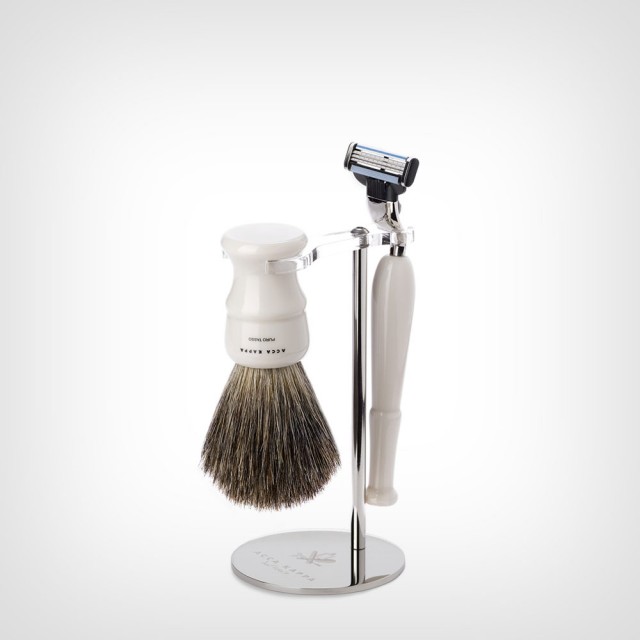 Acca Kappa Shaving Set Design Resina With Stand – Ivory – Pure Badger – “Mach 3” Razor – Set četka za brijanje od čiste dlake jazavca i Mach 3 - Proizvodi za bradu i brkove