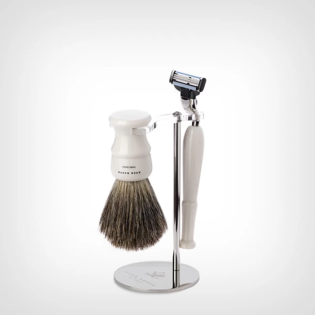 Acca Kappa Shaving Set Design Resina With Stand – Ivory – Pure Badger – “Mach 3” Razor – Set četka za brijanje od čiste dlake jazavca i Mach 3 - Proizvodi za bradu i brkove